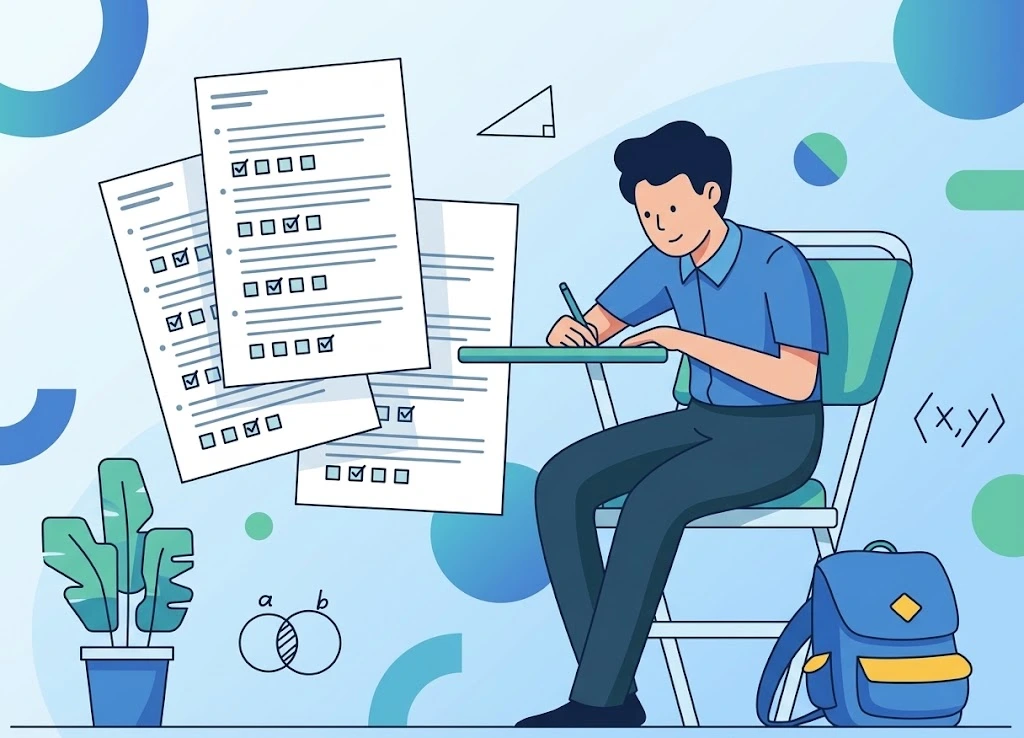 Illustration of a student at a desk working through practice question sheets